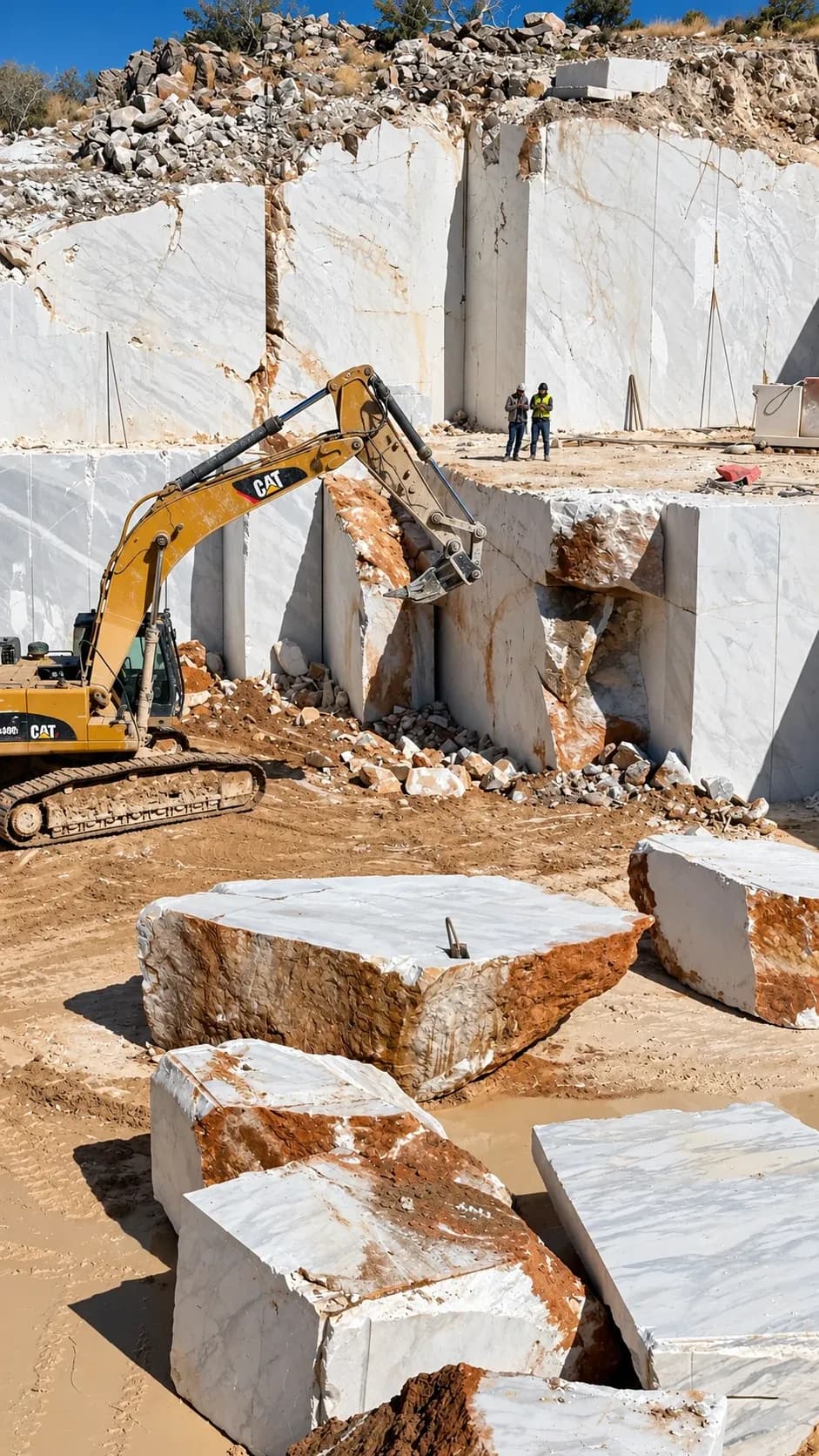 Frente de cantera de mármol blanco, con maquinaria y bloques seleccionados